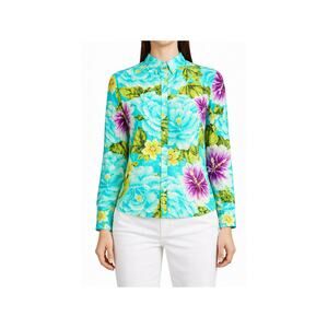 Jones NY Top Womens Size M Blue Floral Lightweight Long Sleeve Roll Tab Turquois